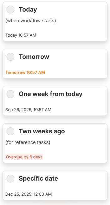 Image of 5 tasks showing due dates in a workflow made from simple text