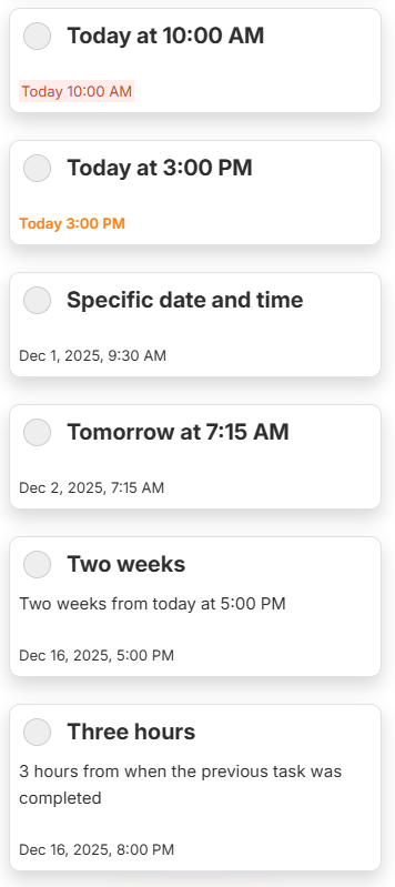 Image of 6 tasks showing due dates and times in a workflow made from simple text