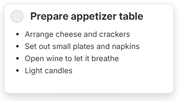 Image of a tasks with bulleted list in a workflow made from simple text
