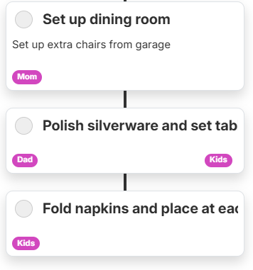 Image of 3 tasks with assignments in a workflow made from simple text