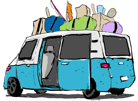 Hand drawn image of an overstuffed minivan