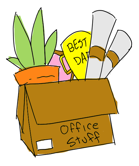 Hand drawn image a box of awards, plants, pictures for the first day