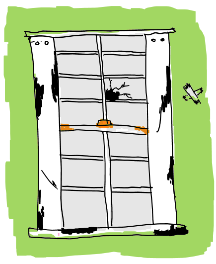 Hand drawn image a window that's badly damaged