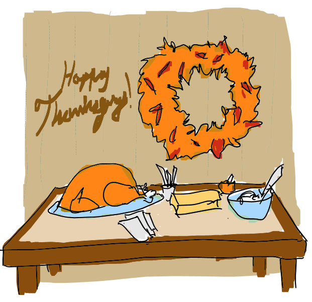 Hand drawn image of a thanksgiving dinner table with turkey and sides